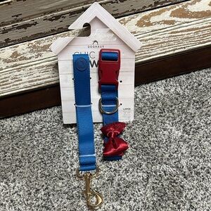 Kids Blue Nylon Leash and Collar Set with Red Bow